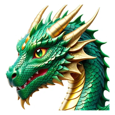 Cinematic Noble Dragon Portrait Emoji, Poised and majestic, with a sinuous, elongated body covered in intricately detailed, shimmering scales in hues of emerald and gold, and piercing, fiery eyes that reflect ancient wisdom; rendered with lifelike texture and natural highlights, high shine, intelligent and formidable, styled with an aura of mythic power, focused and attentive, soft glowing outline, capturing the essence of a legendary dragon that appears ready to soar out of the screen with timeless authority! sticker