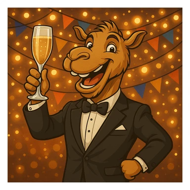 Add a cheerful party background with banners and sparkling lights, keeping the camel in formal attire toasting with champagne as the focus. sticker