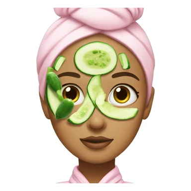 Girl with a bun and a pink robe with a green skincare mask on and cucumbers on her eyes sticker