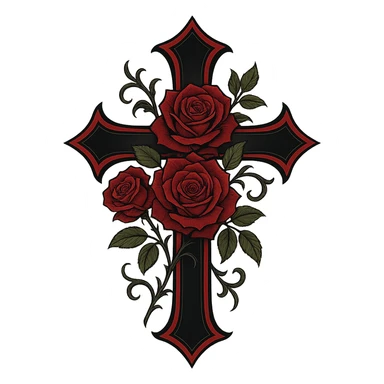 gothic style black and red goth cross with roses sticker