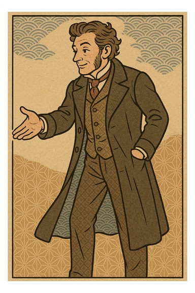 Victorian man in a long coat, reaching out his hand, ukiyo-e style sticker