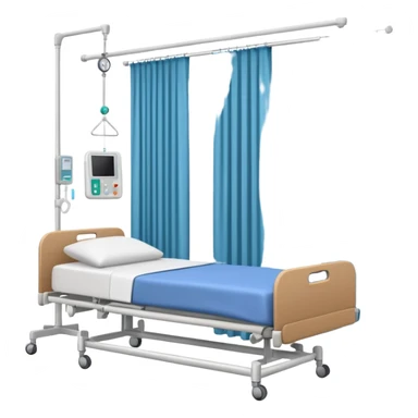 A clean patient room with hospital bed, curtain divider, and IV stand.
 sticker