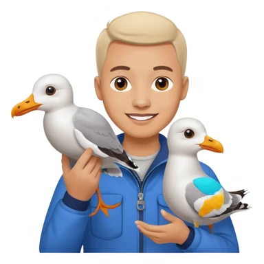 Minimalist emoji-style illustration of a smiling photographer holding a seagull in their hands. Simplified, clean lines, vibrant colors, small size, white background sticker