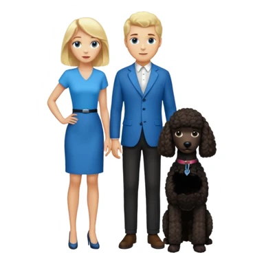 Create an emoticon depicting two people. One person is a tall man with blonde hair and blue eyes. The other is a shorter woman with dark brown hair, brown eyes, and brown skin. Between them, there is a large black poodle standing. sticker