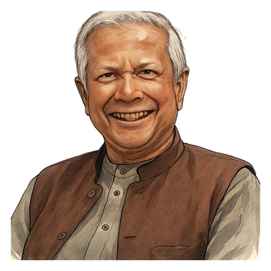 Мухамма́д Юну́с в слегка рисованном, но при это объемный стиль, прозрачный фон sticker