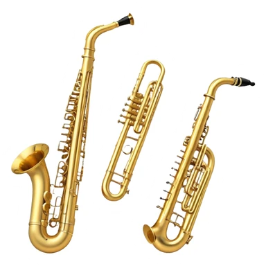 Create a professional, harmonious emoji collage symbolizing wind instruments. The design should include a trumpet, saxophone, trombone, flute, and French horn, all arranged in a balanced and visually pleasing way. The trumpet should have a shiny brass finish with a gleaming bell, the saxophone should have smooth curves and a golden body. The trombone should feature a prominent tuning slide and large bell, while the flute should be sleek and silver with visible keys. The French horn should have a coiled design and wide bell. The instruments should be in metallic gold, silver, and brass tones, with subtle reflections to convey a professional and polished appearance. Add soft musical notes or soundwaves to surround the instruments, creating a sense of movement and sound. The background should be transparent, ensuring all instruments are the focus and the composition remains harmonious and balanced. sticker