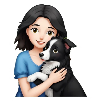 A girl happily hugs a black and white border collie in the flowers sticker