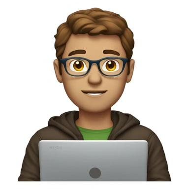 man blue eyes and short brown hair with clear glasses at his laptop sticker