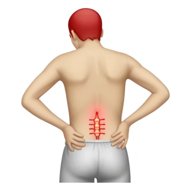 A person standing and holding their lower back in pain, with a red highlight showing the sore area. The person’s face expresses discomfort, and the background is plain white. Realistic lighting, medical concept illustration showing lower back soreness or muscle strain. sticker