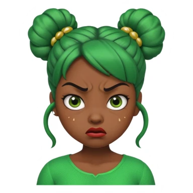 Create a 3D cartoon-style girl character with dark skin, round face, angry expression, big wide eyes, and tightly styled double buns made of green beaded hair. The girl should look irritated, eyebrows sharply angled, and lips pressed in a frown. sticker