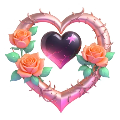 gothic heart made of rose gold glass, silver crescent moon, glowing blush pink roses, holographic stardust, neon orange lightning, wet and cracked glass sticker