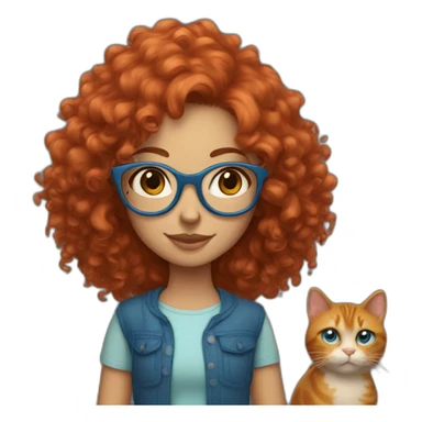 a girl with curly red hair and blue glasses with a cat in her arms sticker