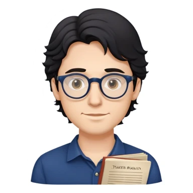 Young caucasian man with slightly longer wavy black hair, round glasses, dark blue shirt, holding a theater program sticker