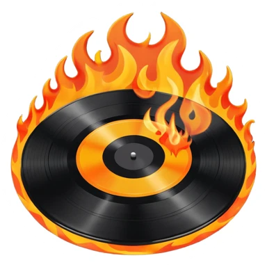 a black vinyl record on fire with a white center sticker sticker