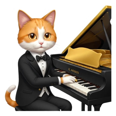 calico cat play gold piano, wear black suit, portrait sticker