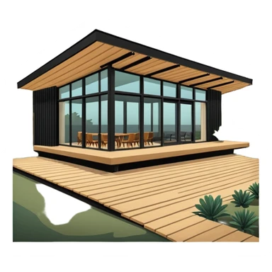 midcentury modern house with 1000 sqft and all windows and a sliding windows on corner. Single story. High ceilings, black and vertical wood slats for outside walls of home. Wood deck with complementary but different wood and shade from larger wood slats. With overhanging shade and slats. sticker