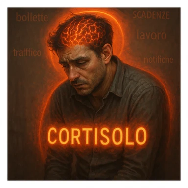 semi-realistic, moody lighting; man around 30 years old, signs of chronic stress (tired eyes, tense, curved), glowing symbols 'Cortisolo' in Italian, orange-red aura; blurred background with Italian words: 'bollette', 'scadenze', 'lavoro', 'traffico', 'notifiche'; visible brain with red-orange neural activity, surreal symbolism sticker