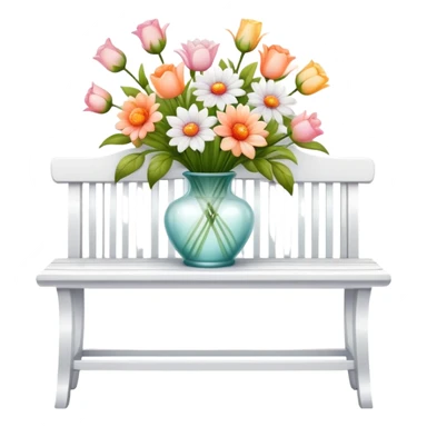 White bench with a romantic lush warm-colored flower vase on top sticker