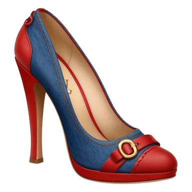 Louis Vuitton denim, red, brown, high heel pumps, rendering, detailed sticker