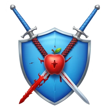 shiny vibrant blue round shield with a vertical sword behind it, blood effect on the sword, apple emoji style sticker