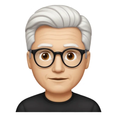 A man emoji with light skin, white hair styled in thick, swept-back waves, straight dark eyebrows, brown eyes behind black-framed glasses, an oval-shaped face, a small nose, and a subtle smile with no facial hair. sticker