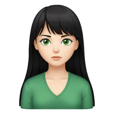 A white woman with Long straight hair with bangs, black hair, green eyes and a low-cut shirt sticker