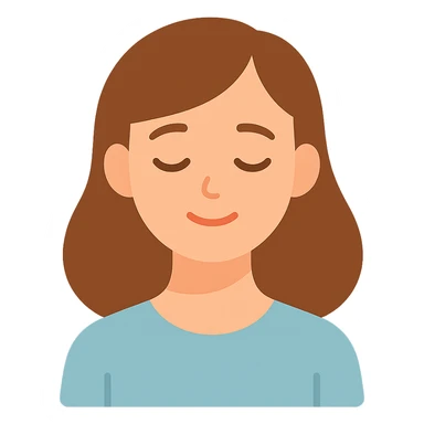 white girl with brown hair, closed eyes, serene expression, head slightly tilted, feeling of peace after tasks, flat colorful style sticker
