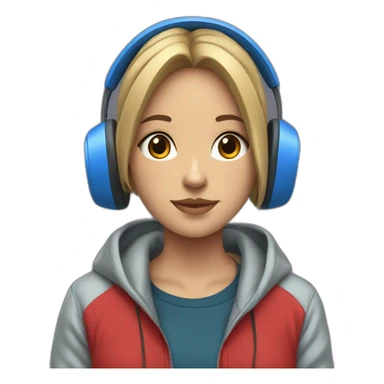 Lo-fi girl studing headphones, blue jacket, red hoodie sticker