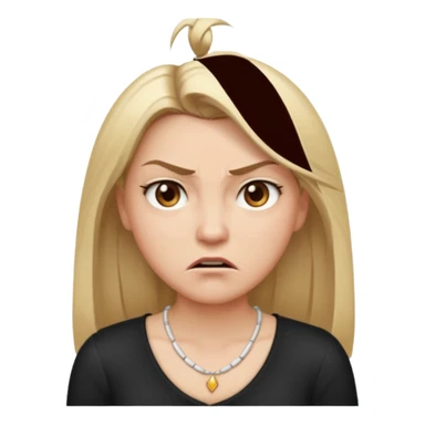 Cartoon emoji of a girl with long, straight blonde hair, fair skin, soft brown eyes. Wearing a white top with a delicate necklace, angry facial expression, furrowed brows, slightly pursed lips. Smooth, simple, stylized. sticker