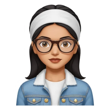 generate a pretty bratz emoji 
Make her wear a white dress with a denim jacket over it. black hair side part with a white headband

She should look exactly  like Deepika padukone. wearing rectangular spectacle sticker