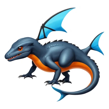 Shiny Black Koraidon-Latios-Salandit-Fakémon-hybrid-creature (full body) with orange belly sticker