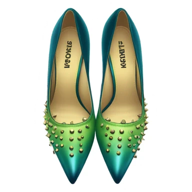 Hyper-realistic top view of a pair of lime green to dark teal blue ombre gold studded pointed toe high heel shoes. sticker