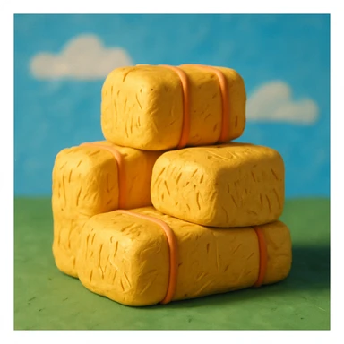 stacked hay bales with a blue sky background, playful and colorful, claymation style sticker