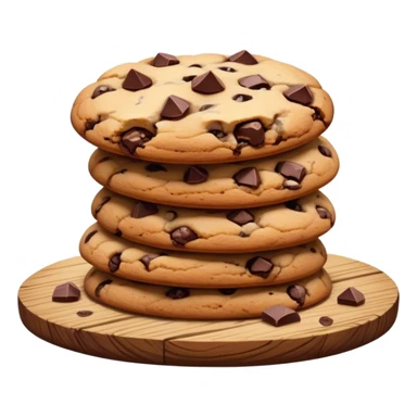 Cinematic crunchy chocolate chip cookies, freshly baked, golden-brown with gooey melted chocolate chunks, stacked on a rustic wooden plate, soft warm lighting, cozy and delicious. sticker