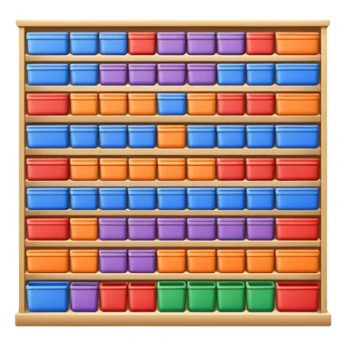 "Each product is stocked in multiple units placed directly behind one another on the same shelf, forming deep horizontal lines of identical items, while different product types are arranged vertically in separate columns." sticker