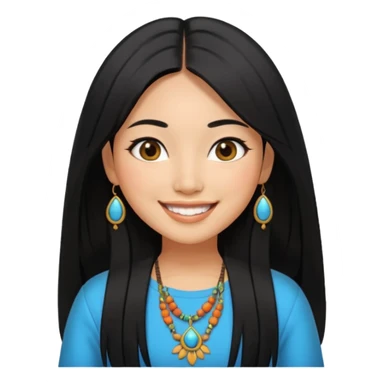 30 yr old asian woman hair trendy clothes center part big eyes big smile tanned skin straight black hair hippie part hair  sticker