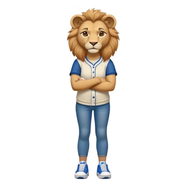 friendly anthropomorphised female lion wearing a baseball shirt, jeans, trainers, standing upright with arms folded, looking strong and confident sticker
