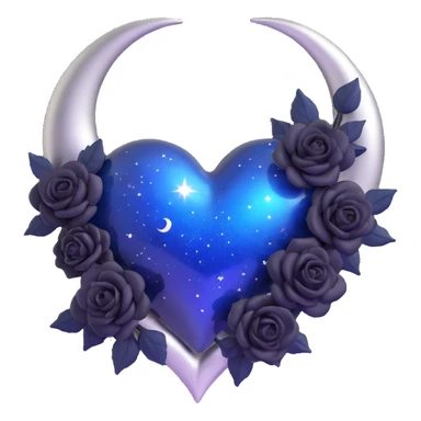 3D emoji gothic heart, midnight blue glass material, silver crescent moon, tiny black roses, shimmering stardust, mysterious and rich style sticker