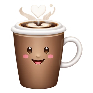 A smiling hot coffee cup with heart-shaped steam, mocha brown tones, kawaii soft hand-drawn sticker style sticker