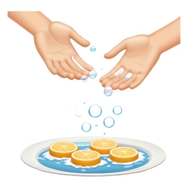 hands under running water with soap bubbles, plate of food nearby, clean and friendly sticker