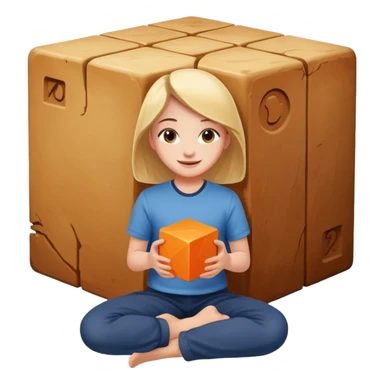 Стдуент, который аккуратно и с улыбкой ставит большой кубик на землю, словно строит фундамент. Ощущение безопасности и начала пути. sticker