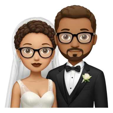 light-skinned African American woman with glasses in a wedding dress and light-skinned man with a black goatee in a tuxedo sticker