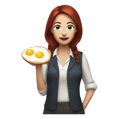 Woman with dark red hair, blue eyes holding fried eggs sticker