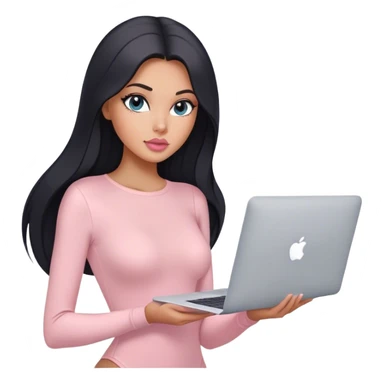 Glamours, tanned, very beautiful girl, with big pump peach-beige-rose lips, black straight smooth silky long hair, straight parting, blue-grey eyes, in light-pink bodysuit holding MacBook sticker