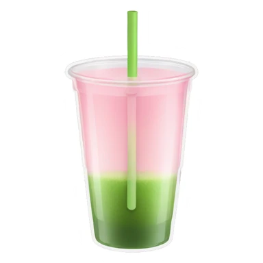 Clear cup. The bottom half of the cup has a light pink liquid, and the top half is matcha green. A transparent straw sticks out.  sticker