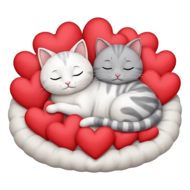 White cat and gray cat sleeping in a bed full of hearts sticker