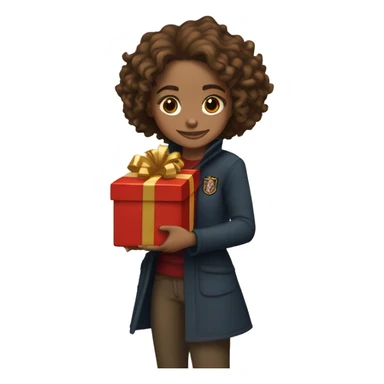 Hermione Granger (with Harry Potter film) holding a stack of Christmas presents, with a warm, festive smile, standing in front of a twinkling Christmas tree sticker