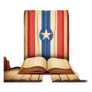 Ancient book with Puerto Rican flag subtly integrated on cover, carved wooden theater curtains symbol, warm vintage textures, soft glow representing timelessness and theatrical design heritage sticker