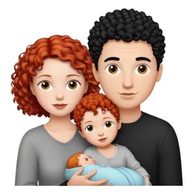 Create a picture of a family of three: a white woman with short, curly red hair, a white man with black hair, and a white baby girl with curly black hair. sticker