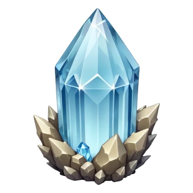 A single crystal rock inspired by a clear quartz cluster, amorph base with many tall transparent crystal spikes growing upward all around it with a face sticker